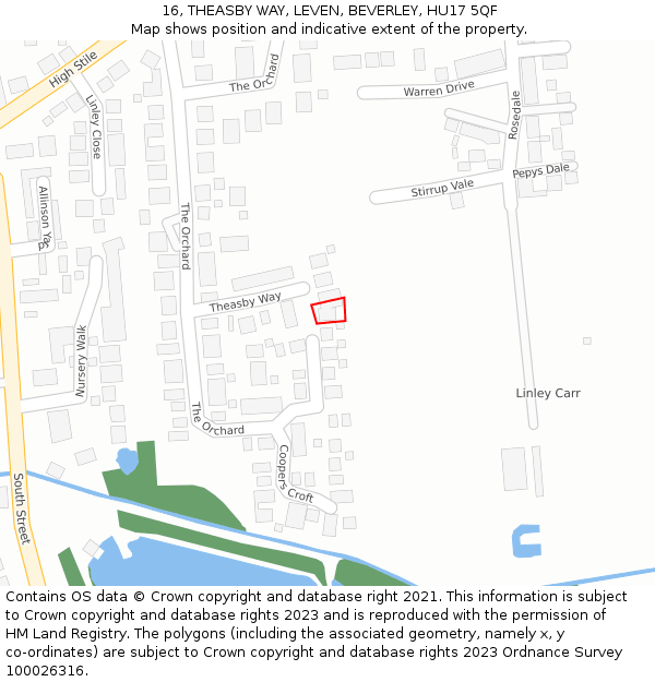 16, THEASBY WAY, LEVEN, BEVERLEY, HU17 5QF: Location map and indicative extent of plot