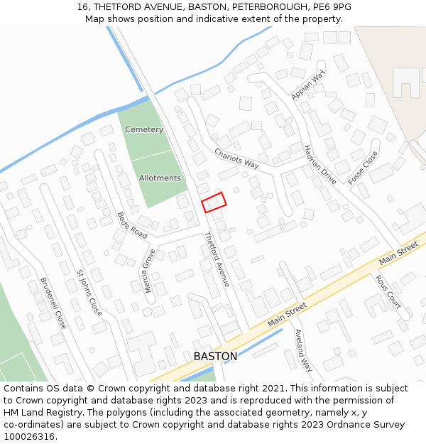 16, THETFORD AVENUE, BASTON, PETERBOROUGH, PE6 9PG: Location map and indicative extent of plot