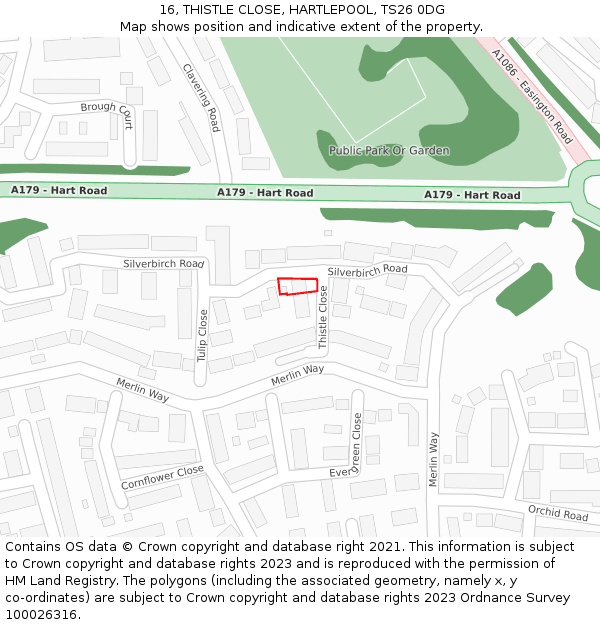 16, THISTLE CLOSE, HARTLEPOOL, TS26 0DG: Location map and indicative extent of plot