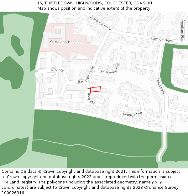 16, THISTLEDOWN, HIGHWOODS, COLCHESTER, CO4 9UH: Location map and indicative extent of plot