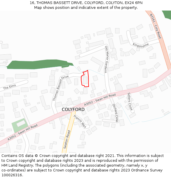 16, THOMAS BASSETT DRIVE, COLYFORD, COLYTON, EX24 6PN: Location map and indicative extent of plot