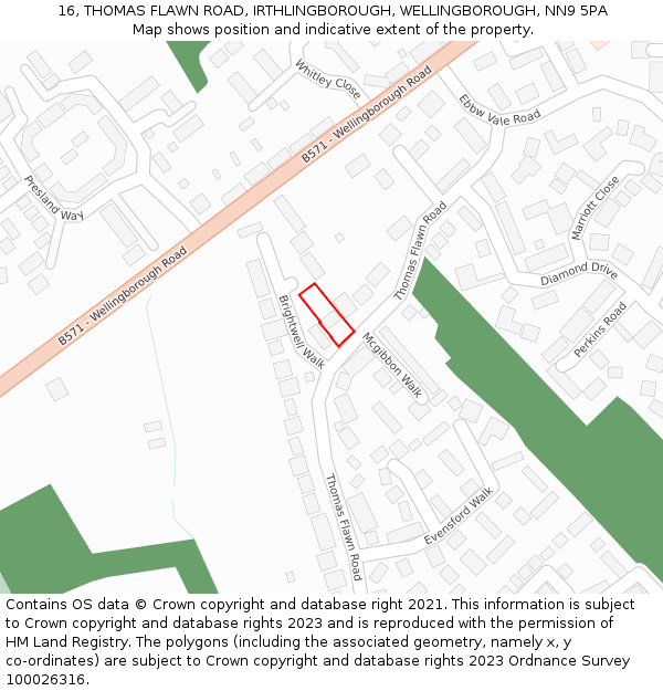 16, THOMAS FLAWN ROAD, IRTHLINGBOROUGH, WELLINGBOROUGH, NN9 5PA: Location map and indicative extent of plot