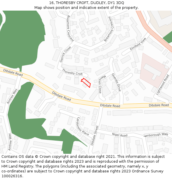 16, THORESBY CROFT, DUDLEY, DY1 3DQ: Location map and indicative extent of plot