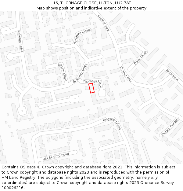 16, THORNAGE CLOSE, LUTON, LU2 7AT: Location map and indicative extent of plot