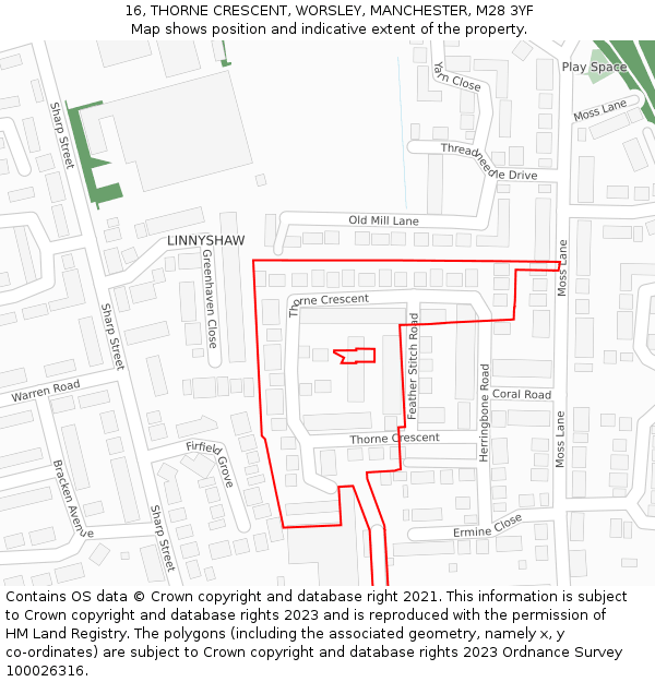 16, THORNE CRESCENT, WORSLEY, MANCHESTER, M28 3YF: Location map and indicative extent of plot