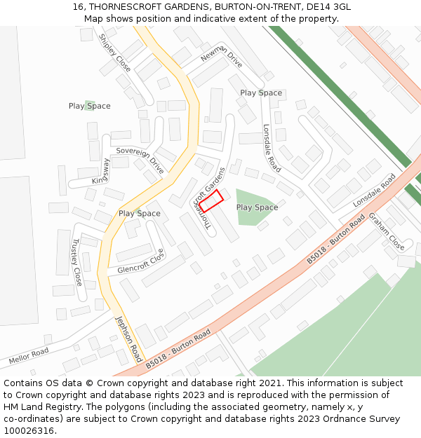 16, THORNESCROFT GARDENS, BURTON-ON-TRENT, DE14 3GL: Location map and indicative extent of plot