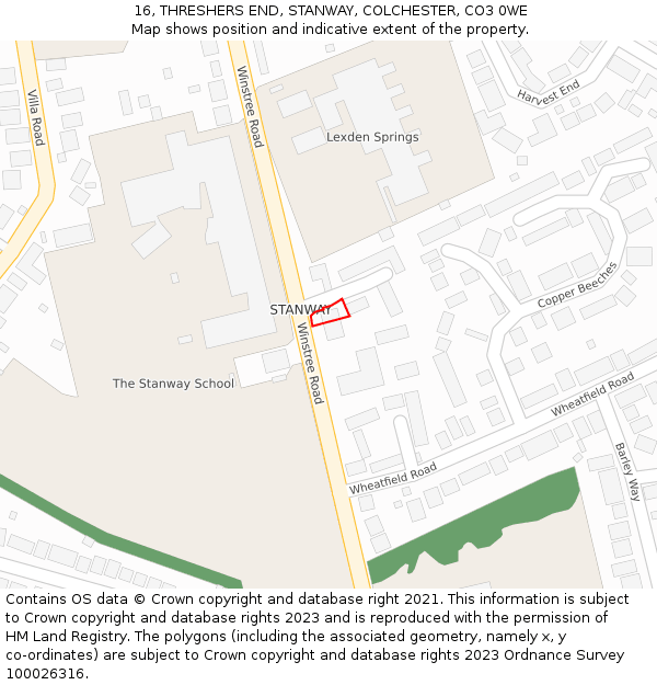 16, THRESHERS END, STANWAY, COLCHESTER, CO3 0WE: Location map and indicative extent of plot