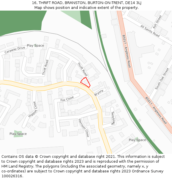 16, THRIFT ROAD, BRANSTON, BURTON-ON-TRENT, DE14 3LJ: Location map and indicative extent of plot