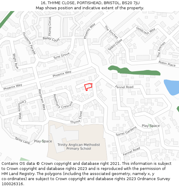 16, THYME CLOSE, PORTISHEAD, BRISTOL, BS20 7JU: Location map and indicative extent of plot