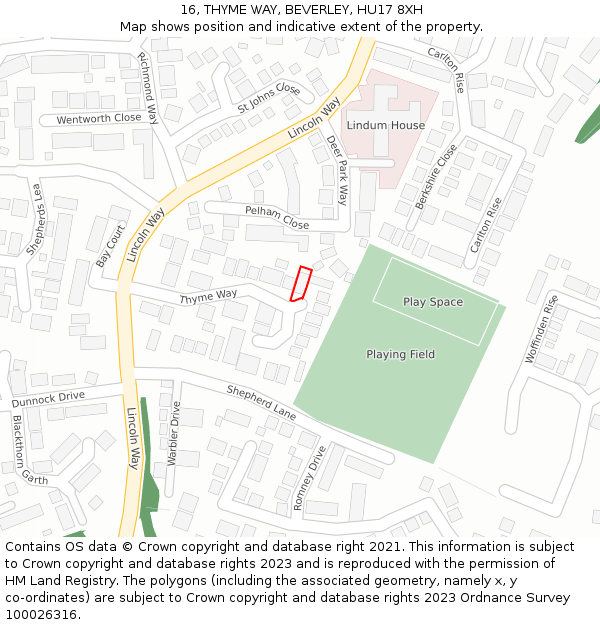 16, THYME WAY, BEVERLEY, HU17 8XH: Location map and indicative extent of plot