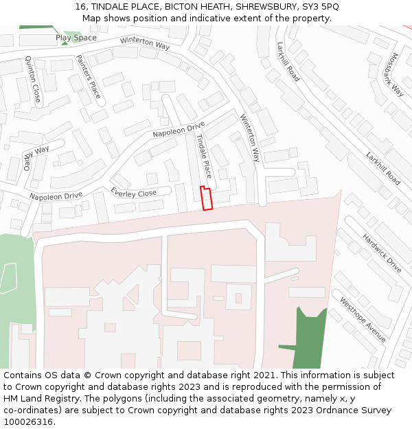 16, TINDALE PLACE, BICTON HEATH, SHREWSBURY, SY3 5PQ: Location map and indicative extent of plot