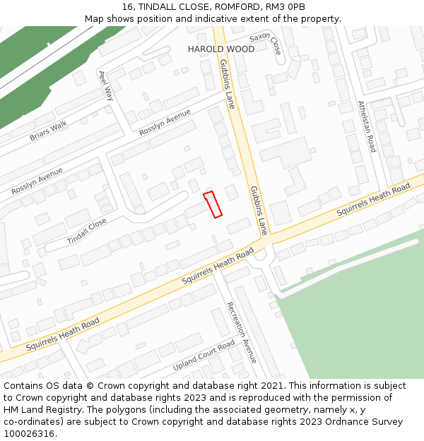 16, TINDALL CLOSE, ROMFORD, RM3 0PB: Location map and indicative extent of plot