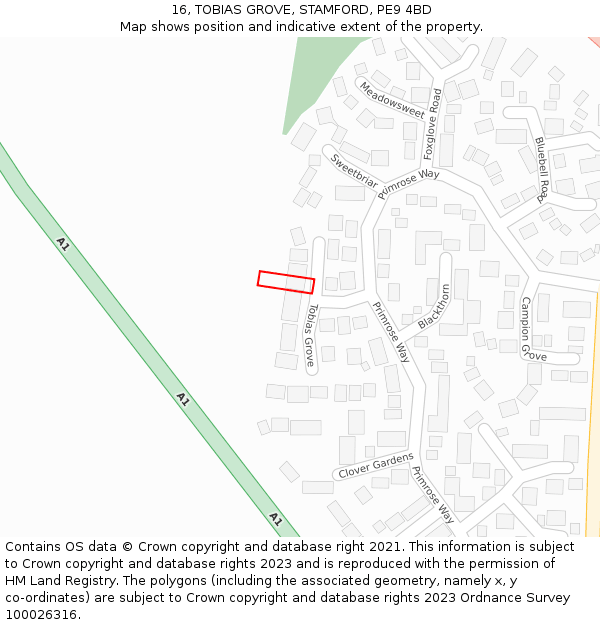 16, TOBIAS GROVE, STAMFORD, PE9 4BD: Location map and indicative extent of plot