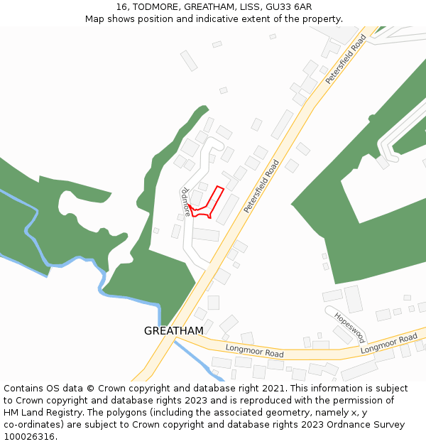 16, TODMORE, GREATHAM, LISS, GU33 6AR: Location map and indicative extent of plot