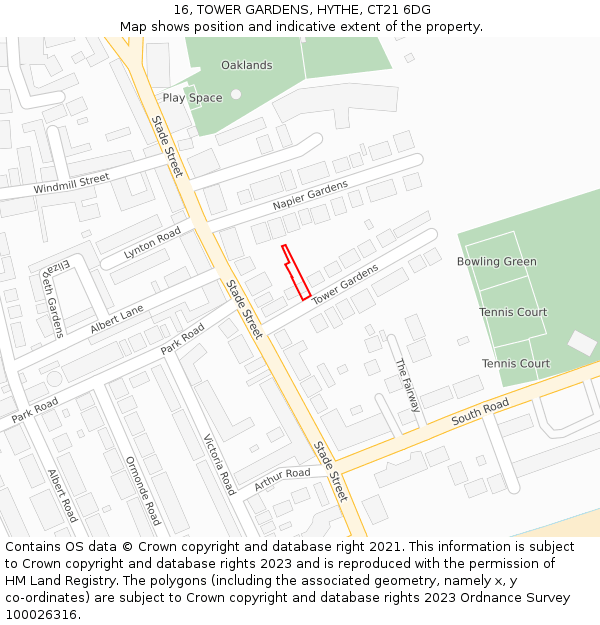 16, TOWER GARDENS, HYTHE, CT21 6DG: Location map and indicative extent of plot