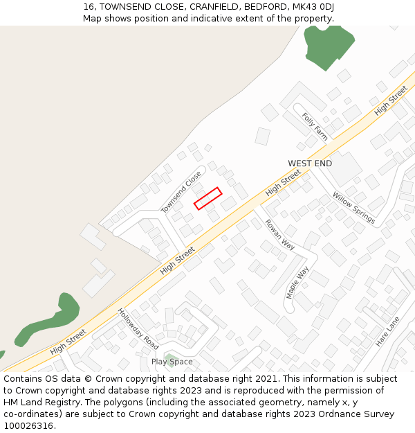 16, TOWNSEND CLOSE, CRANFIELD, BEDFORD, MK43 0DJ: Location map and indicative extent of plot