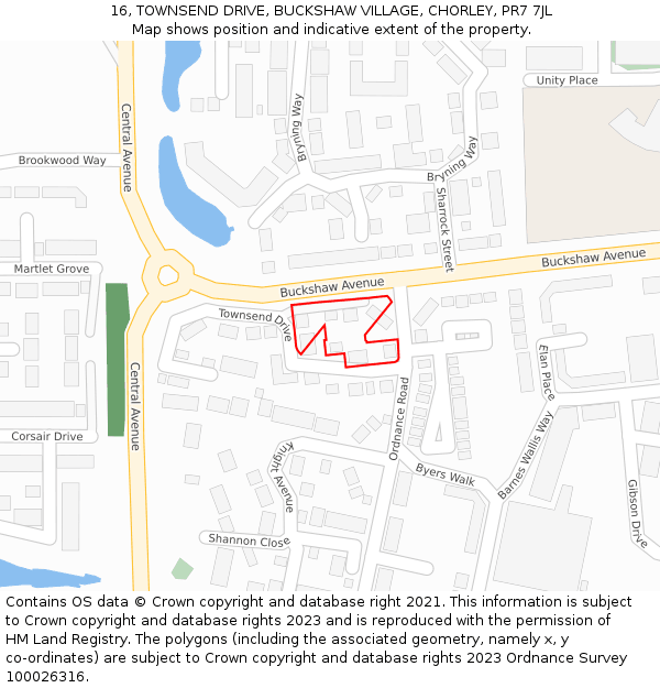 16, TOWNSEND DRIVE, BUCKSHAW VILLAGE, CHORLEY, PR7 7JL: Location map and indicative extent of plot