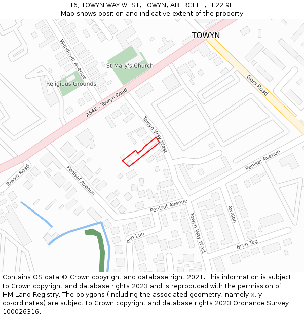 16, TOWYN WAY WEST, TOWYN, ABERGELE, LL22 9LF: Location map and indicative extent of plot
