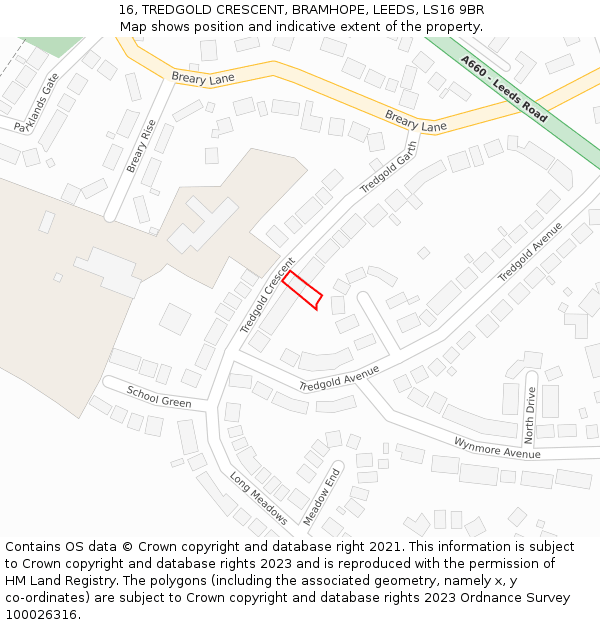 16, TREDGOLD CRESCENT, BRAMHOPE, LEEDS, LS16 9BR: Location map and indicative extent of plot