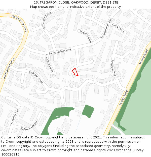 16, TREGARON CLOSE, OAKWOOD, DERBY, DE21 2TE: Location map and indicative extent of plot