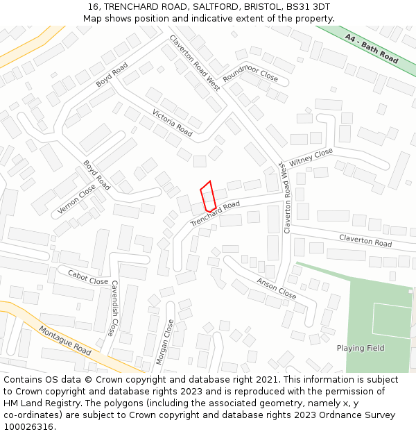 16, TRENCHARD ROAD, SALTFORD, BRISTOL, BS31 3DT: Location map and indicative extent of plot