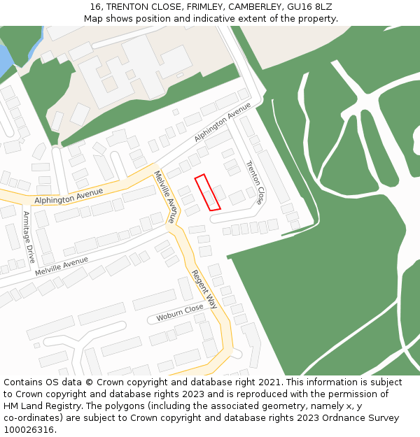 16, TRENTON CLOSE, FRIMLEY, CAMBERLEY, GU16 8LZ: Location map and indicative extent of plot