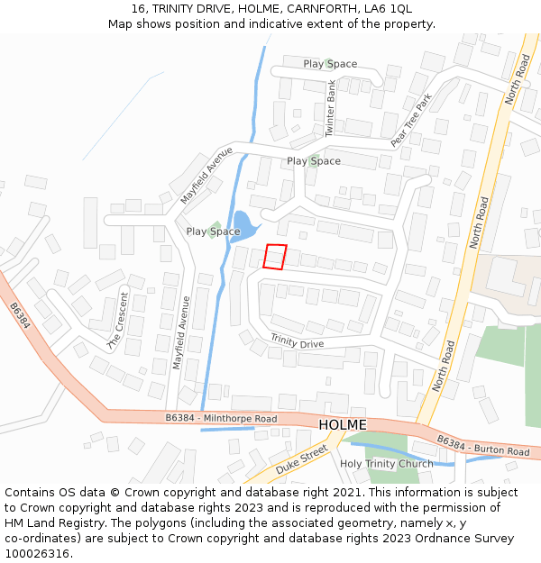 16, TRINITY DRIVE, HOLME, CARNFORTH, LA6 1QL: Location map and indicative extent of plot