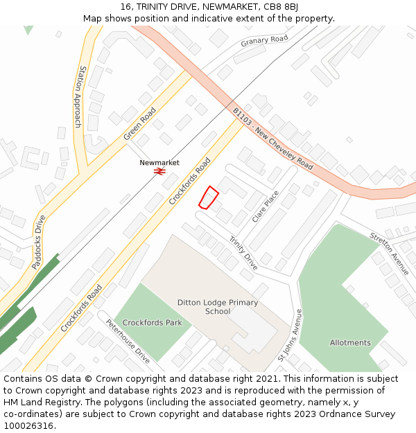 16, TRINITY DRIVE, NEWMARKET, CB8 8BJ: Location map and indicative extent of plot