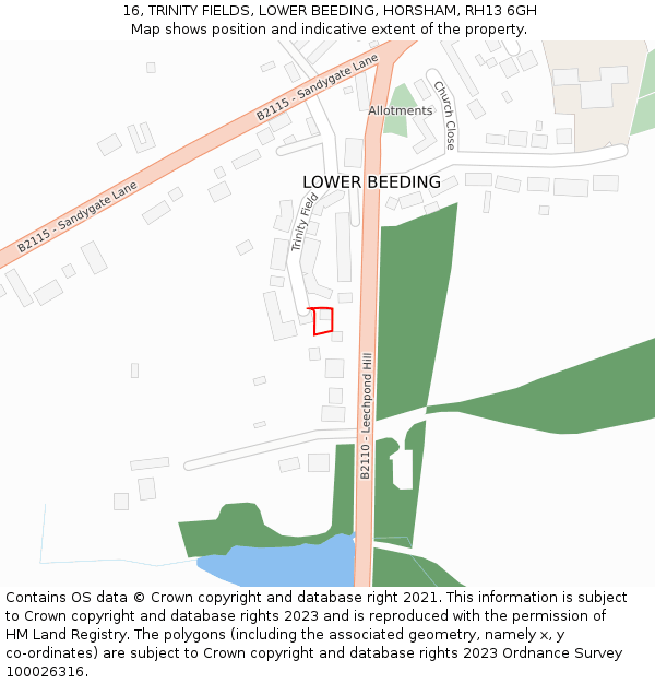 16, TRINITY FIELDS, LOWER BEEDING, HORSHAM, RH13 6GH: Location map and indicative extent of plot