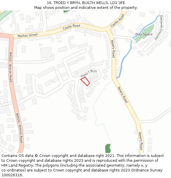 16, TROED Y BRYN, BUILTH WELLS, LD2 3FE: Location map and indicative extent of plot