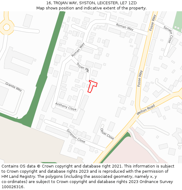16, TROJAN WAY, SYSTON, LEICESTER, LE7 1ZD: Location map and indicative extent of plot