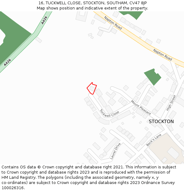 16, TUCKWELL CLOSE, STOCKTON, SOUTHAM, CV47 8JP: Location map and indicative extent of plot