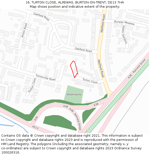 16, TURTON CLOSE, ALREWAS, BURTON-ON-TRENT, DE13 7HA: Location map and indicative extent of plot