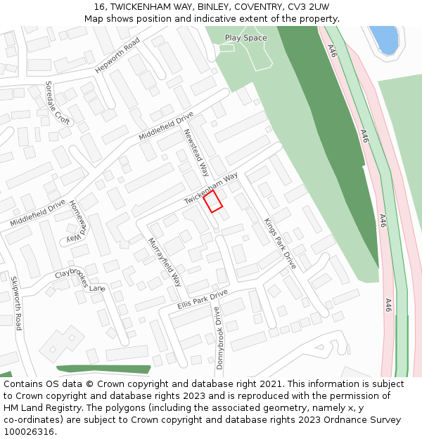 16, TWICKENHAM WAY, BINLEY, COVENTRY, CV3 2UW: Location map and indicative extent of plot