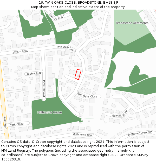 16, TWIN OAKS CLOSE, BROADSTONE, BH18 8JF: Location map and indicative extent of plot