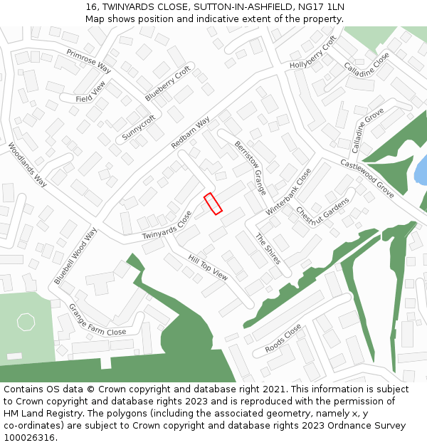 16, TWINYARDS CLOSE, SUTTON-IN-ASHFIELD, NG17 1LN: Location map and indicative extent of plot