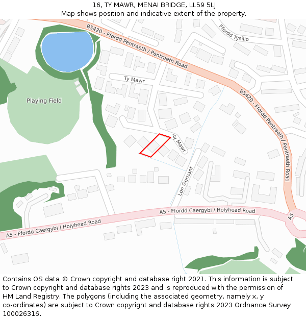 16, TY MAWR, MENAI BRIDGE, LL59 5LJ: Location map and indicative extent of plot
