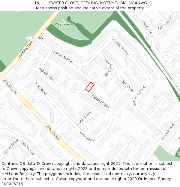 16, ULLSWATER CLOSE, GEDLING, NOTTINGHAM, NG4 4WG: Location map and indicative extent of plot