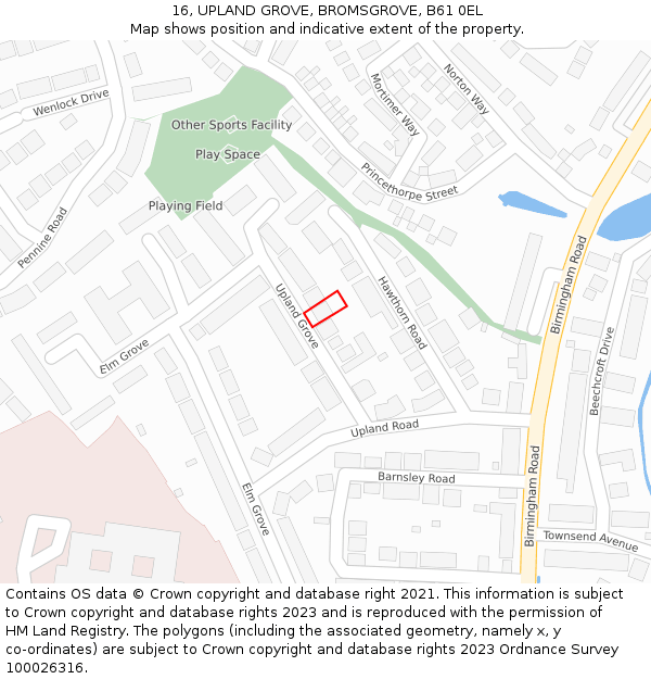 16, UPLAND GROVE, BROMSGROVE, B61 0EL: Location map and indicative extent of plot