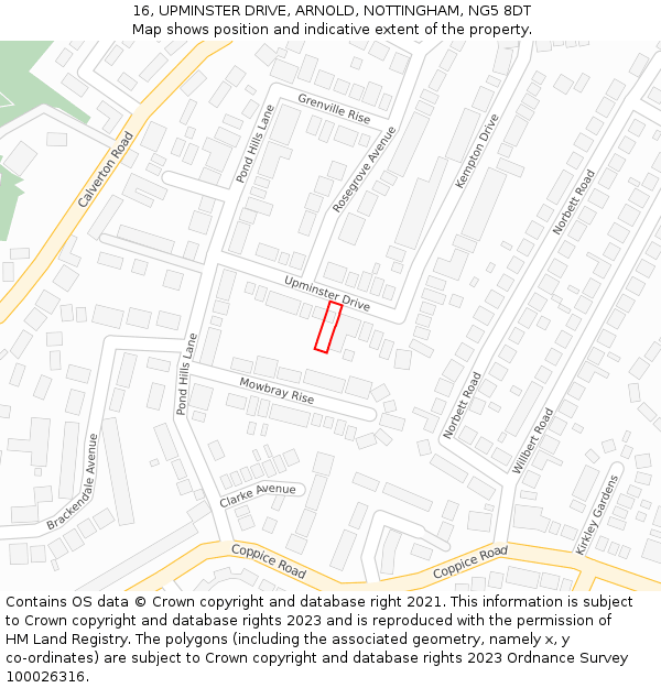 16, UPMINSTER DRIVE, ARNOLD, NOTTINGHAM, NG5 8DT: Location map and indicative extent of plot