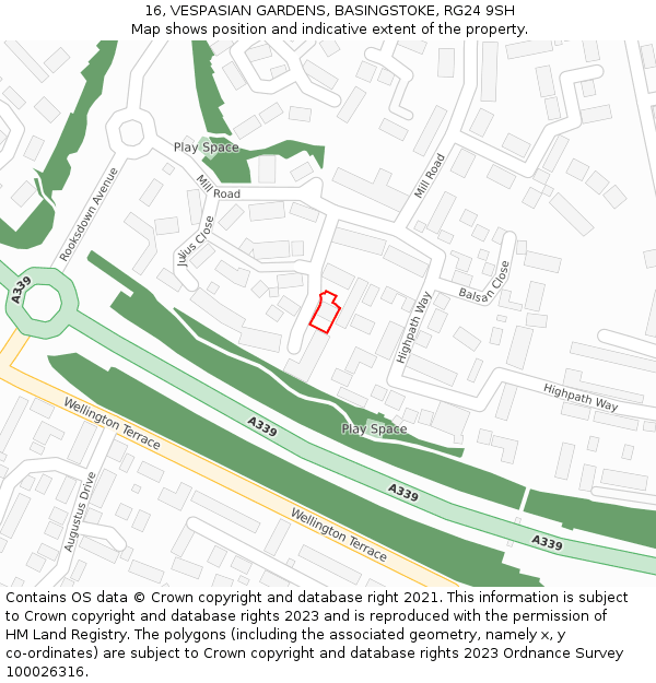 16, VESPASIAN GARDENS, BASINGSTOKE, RG24 9SH: Location map and indicative extent of plot