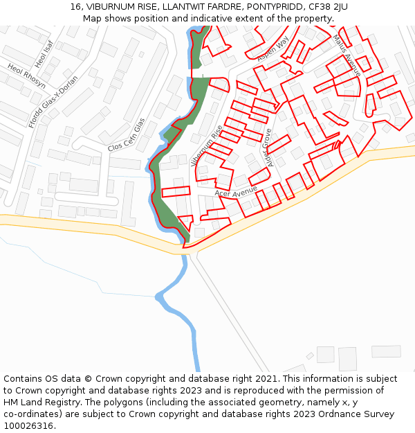 16, VIBURNUM RISE, LLANTWIT FARDRE, PONTYPRIDD, CF38 2JU: Location map and indicative extent of plot