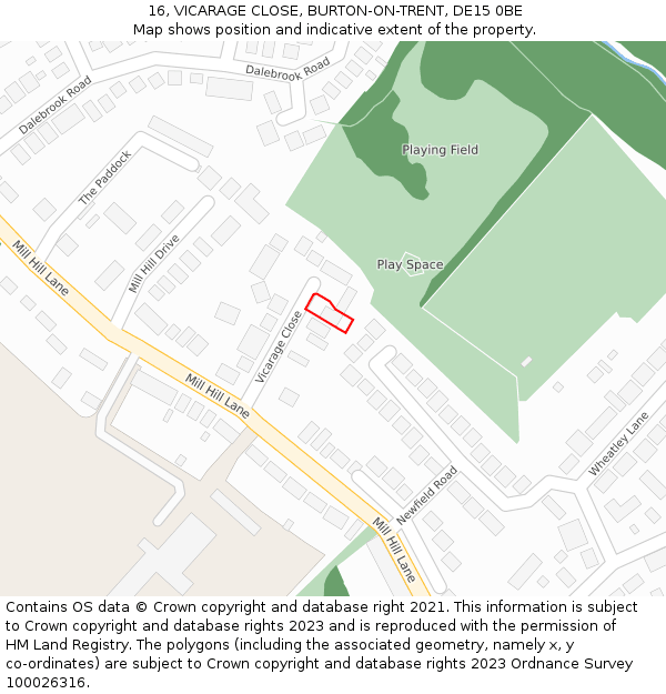 16, VICARAGE CLOSE, BURTON-ON-TRENT, DE15 0BE: Location map and indicative extent of plot