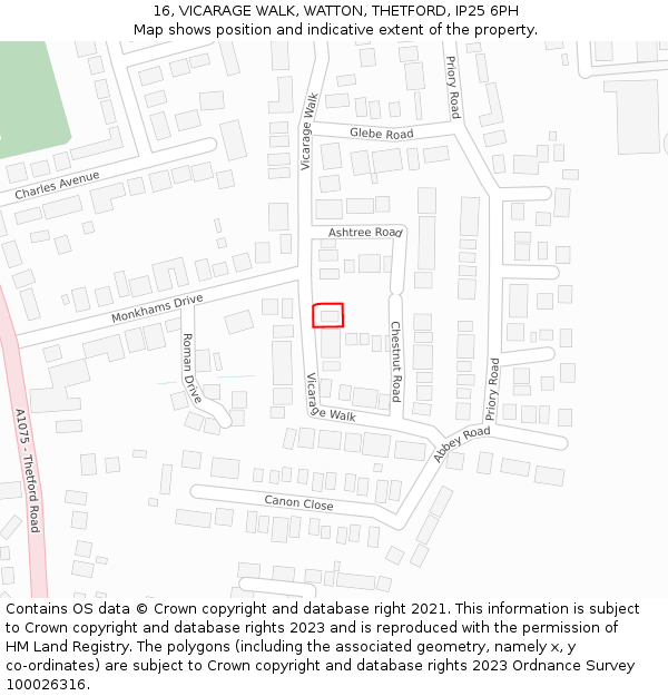 16, VICARAGE WALK, WATTON, THETFORD, IP25 6PH: Location map and indicative extent of plot