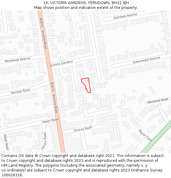 16, VICTORIA GARDENS, FERNDOWN, BH22 9JH: Location map and indicative extent of plot