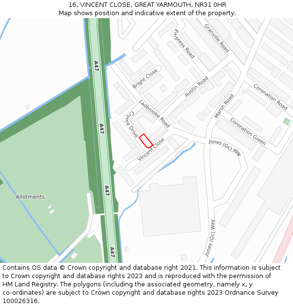 16, VINCENT CLOSE, GREAT YARMOUTH, NR31 0HR: Location map and indicative extent of plot