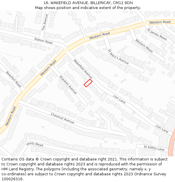 16, WAKEFIELD AVENUE, BILLERICAY, CM12 9DN: Location map and indicative extent of plot