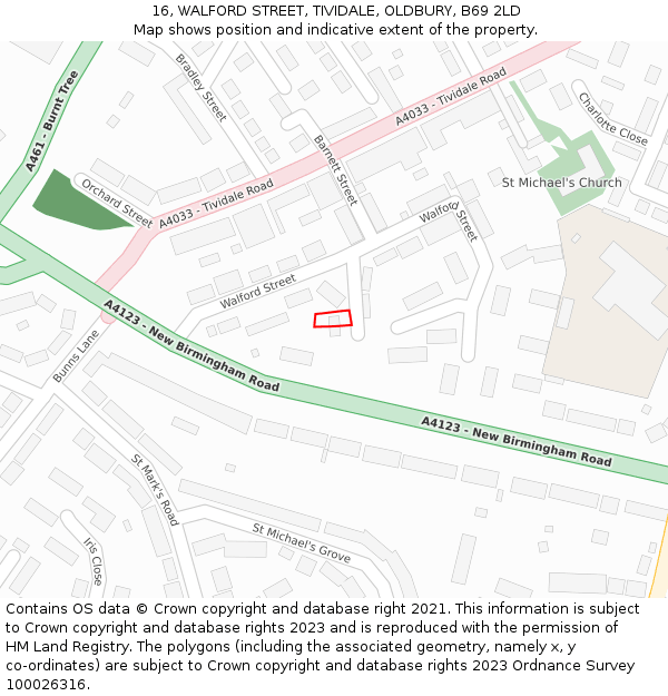 16, WALFORD STREET, TIVIDALE, OLDBURY, B69 2LD: Location map and indicative extent of plot