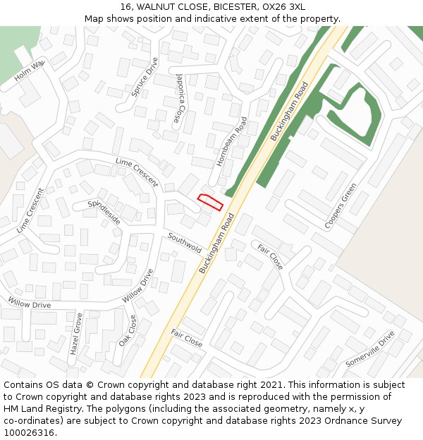 16, WALNUT CLOSE, BICESTER, OX26 3XL: Location map and indicative extent of plot