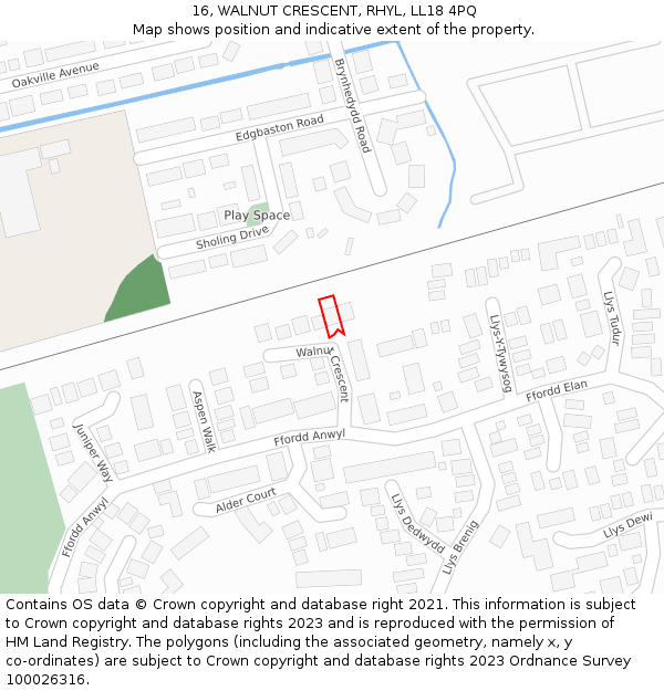 16, WALNUT CRESCENT, RHYL, LL18 4PQ: Location map and indicative extent of plot